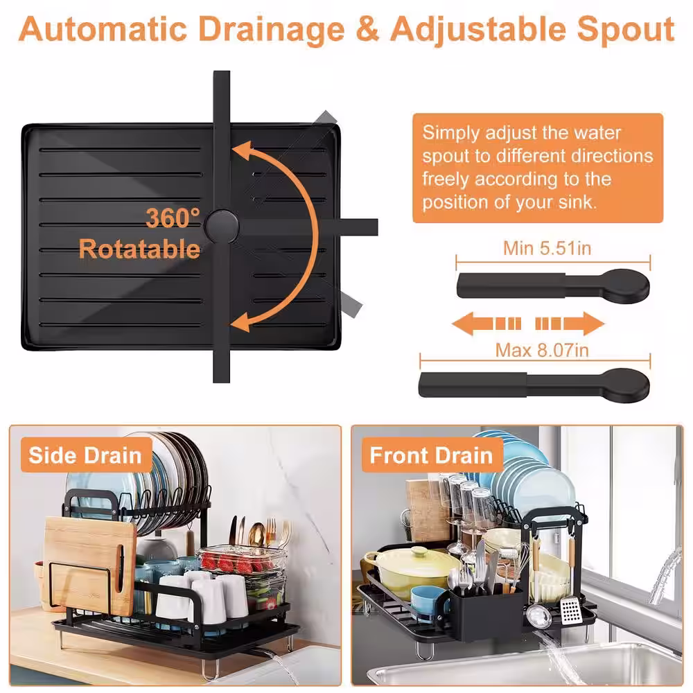 None 2-Tier Collapsible Vertical Fingerprint-Proof Stainless Steel Drying Dish Rack with Detachable Drainboard