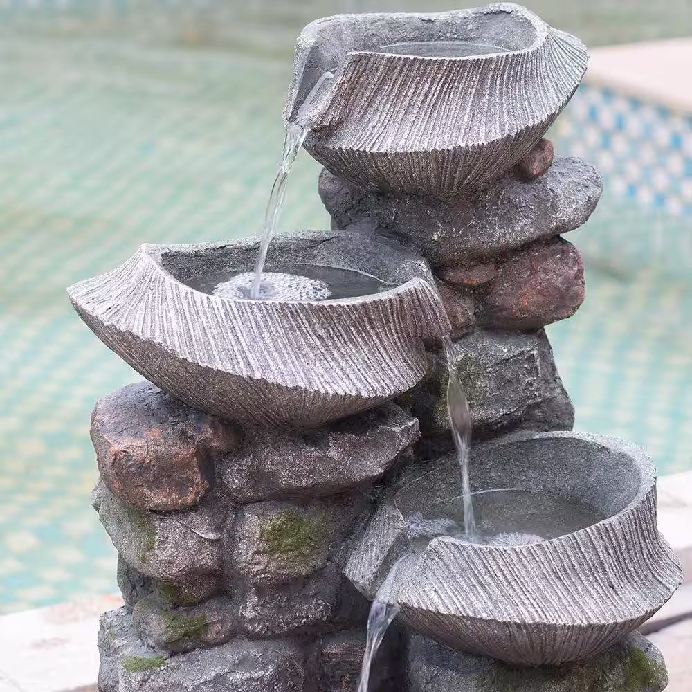 None 32 in. Tall 4-Tier Rock Polyresin Fountain with Light Outdoor Stone Water Feature for Garden or Backyard