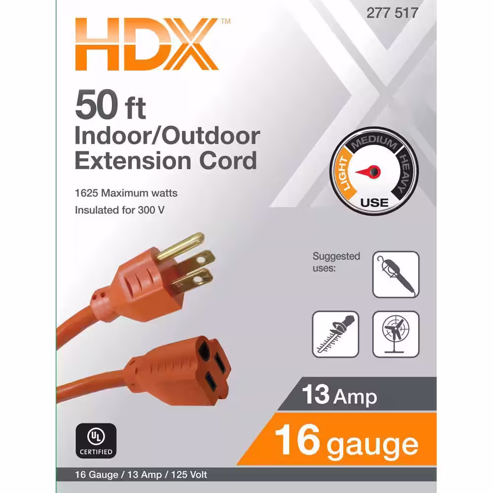 HDX 50 ft. 16/3 Light Duty Indoor/Outdoor Extension Cord, Orange