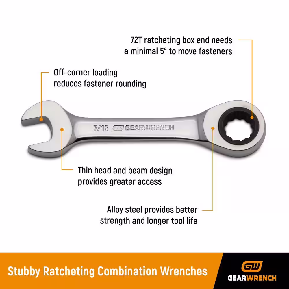 GEARWRENCH SAE/Metric 72-Tooth Stubby Combination Ratcheting Wrench Tool Set (14-Piece)