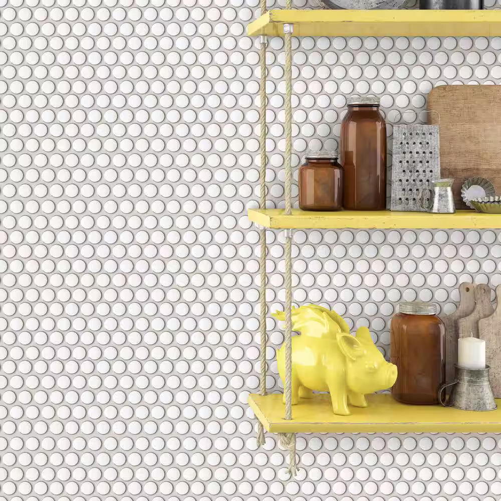 None Metro Round White 12.41 in. x 11.46 in. Penny Glossy Porcelain Mosaic Wall and Floor Tile (9.9 sq. ft./Case)