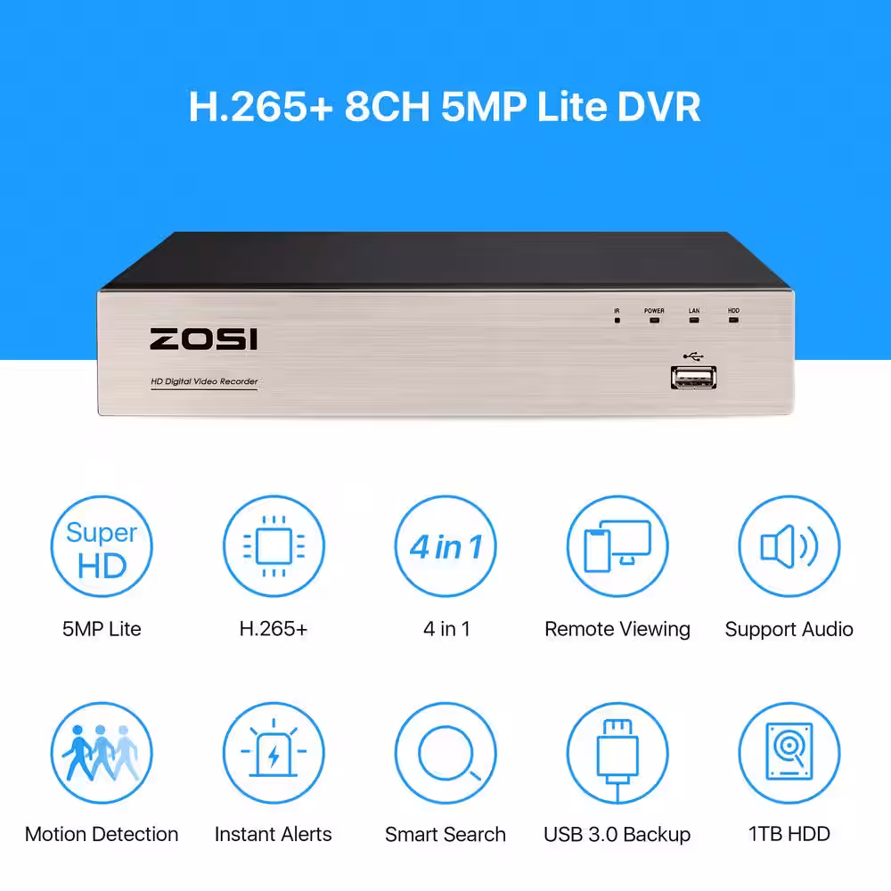 ZOSI 8-Channel 1080p 1TB Hard Drive DVR Security Camera System with 8-Wired Dome Cameras