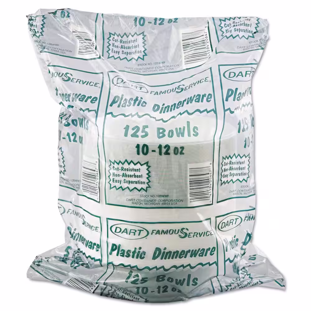 DART Famous Service 12 oz. White Disposable Plastic Bowls, 125 / Pack, 8 Packs / Carton