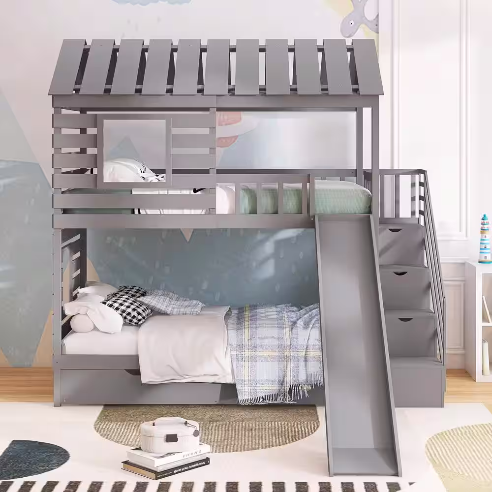 None Gray Twin Kids Bunk Bed with Roof, Storage Shelves and Slide, Wood Bunk Bed Frame with Trundle and Guardrail