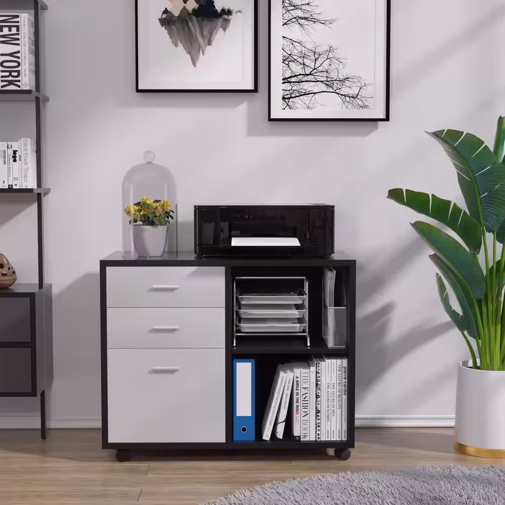 None Black File Cabinet with 3-Drawer Mobile Lateral Filing Cabinet, Printer Stand with Open Storage Shelves for Home Office