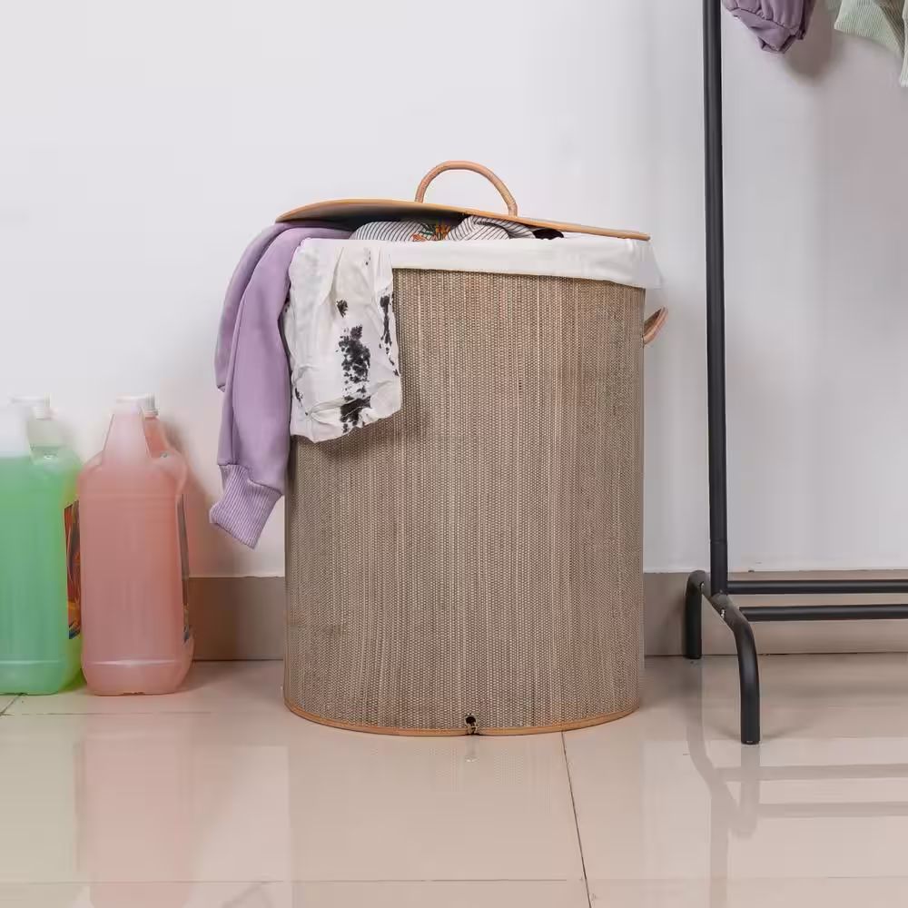 Vintiquewise Round Foldable Mendong Laundry Hamper with Lid and Handles for Easy Carrying
