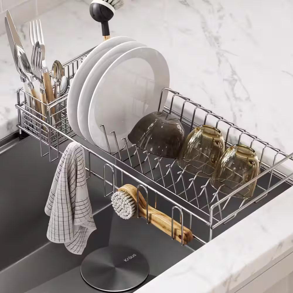 KRAUS Workstation Kitchen Sink Dish Drying Rack Drainer and Utensil Holder in Stainless Steel