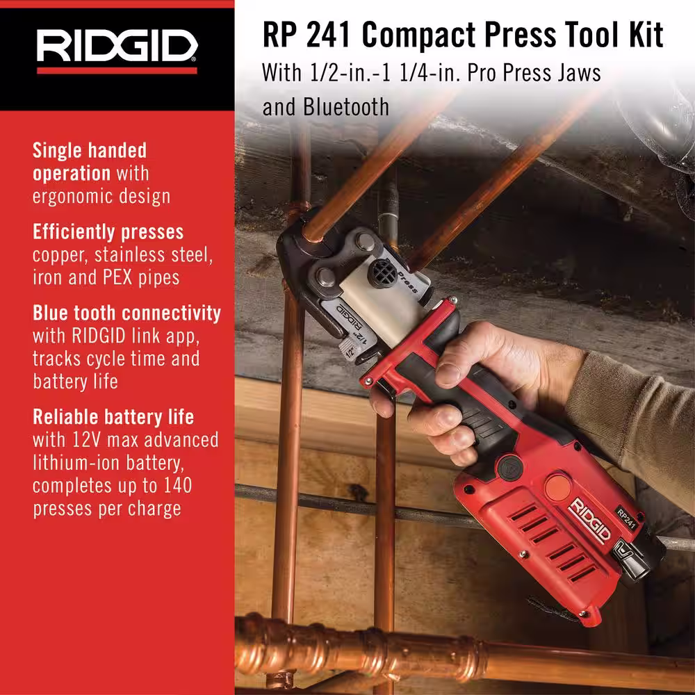 RIDGID RP 241 Compact Inline Press Tool Kit Includes 4 ProPress Jaws (1/2, 3/4, 1, 1-1/4 in.), 2-12V Batteries, Charger + Case