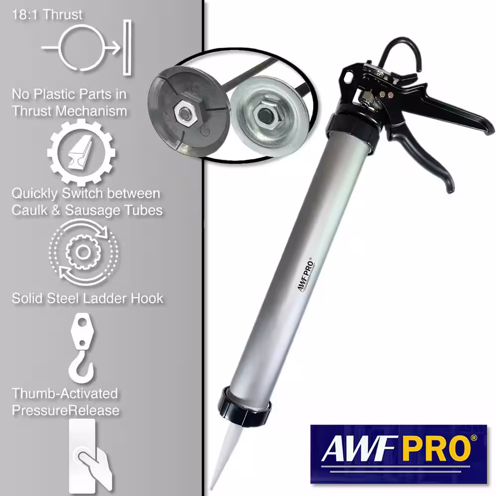 AWF PRO 20 oz. Pro Sausage and Bulk Caulk Gun Aluminum Barrel 18:1 Thrust Ratio and 9 Replacement Tips