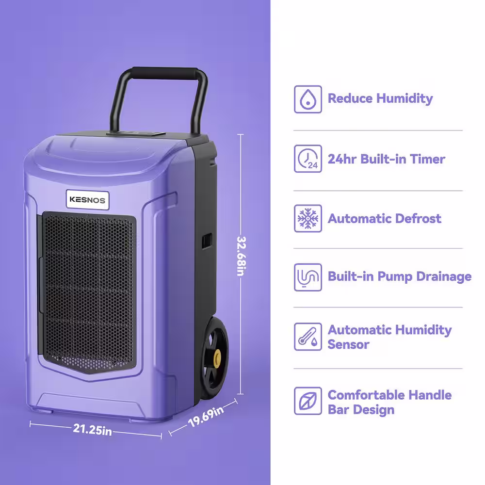 KESNOS 180-Pint Large Commercial Dehumidifier for Rooms or Basements up to 7000 sq. ft. With Pump Tank, Purple