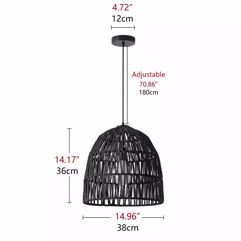 aiwen 15 in. 1-Light Black Basket Design Dome Pendant Lighting with Woven Rattan Shade