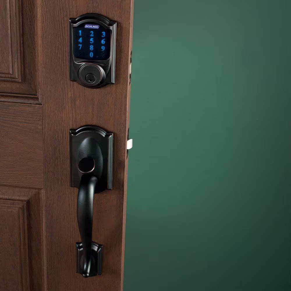 Schlage Camelot Aged Bronze Connect Z-Wave Plus Smart Wifi Deadbolt Door Lock and Accent handle Handleset with Camelot Trim