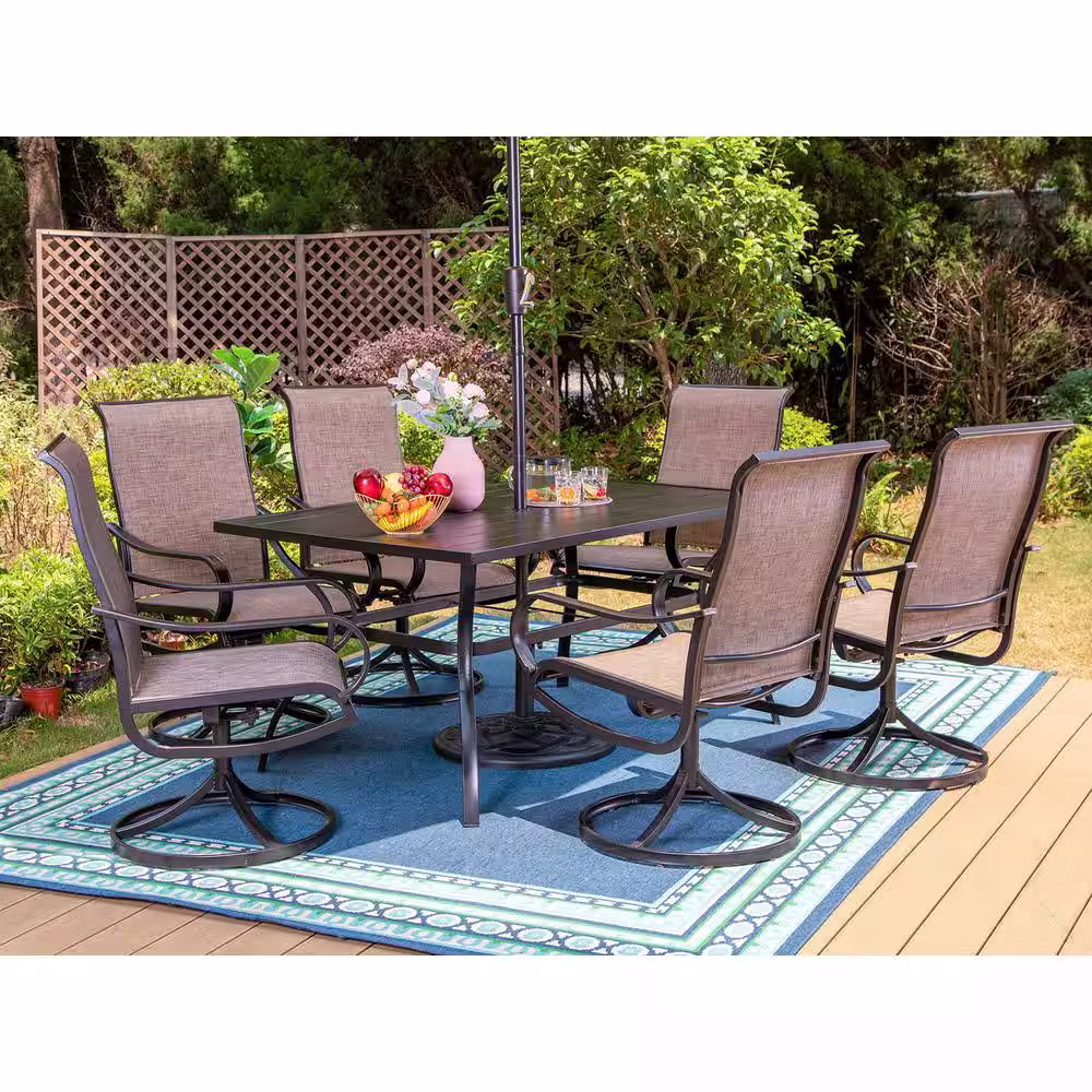None Black 8-Piece Metal Patio Outdoor Dining Set with Slat Rectangle Table, Textilene Swivel Chairs and Beige Umbrella