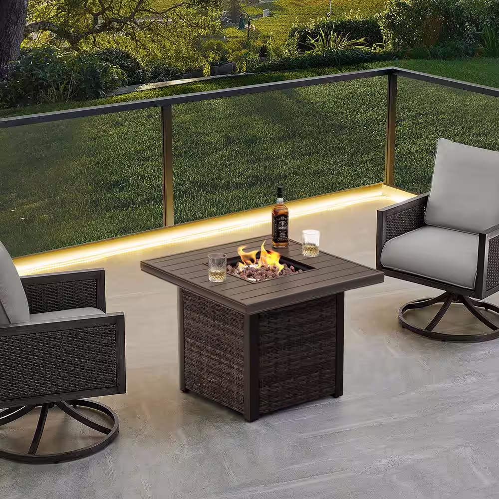 Nuu Garden 32 in. Aluminum Wicker Fire Pit Table Outdoor Propane Gas Square Fire Pit Table with PVC Protect Cover, Brown