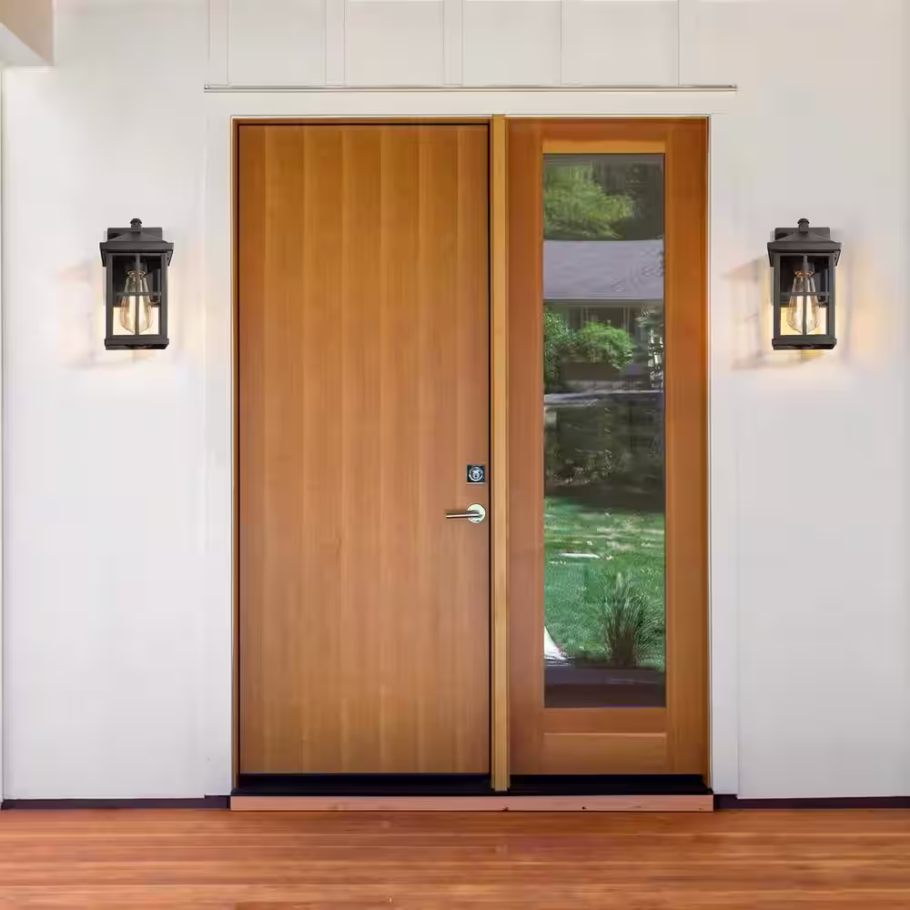 LNC Frosted Black Outdoor Sconce for Front Door Porch Entry Modern Wall Light with Clear Glass Plaid Shade 1-Light Wall Lamp