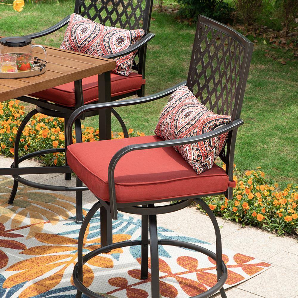None 5-Piece Metal Patio Bar Height Outdoor Dining Set with Square Table and Swivel Bistro Chairs with Red Cushions