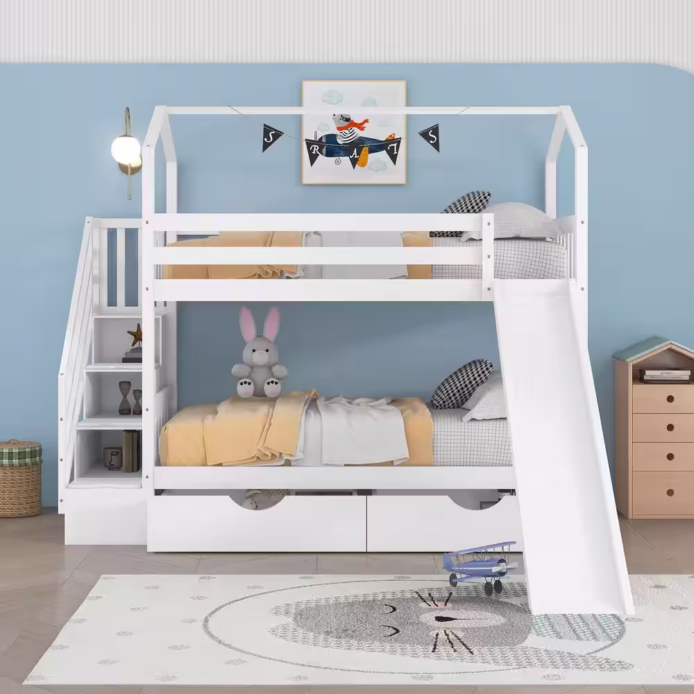 None White Twin Bunk Beds with Slide, Twin Over Twin House Bunk Bed with Stairs and Storage Drawers, Wood Bunk Bed with Roof