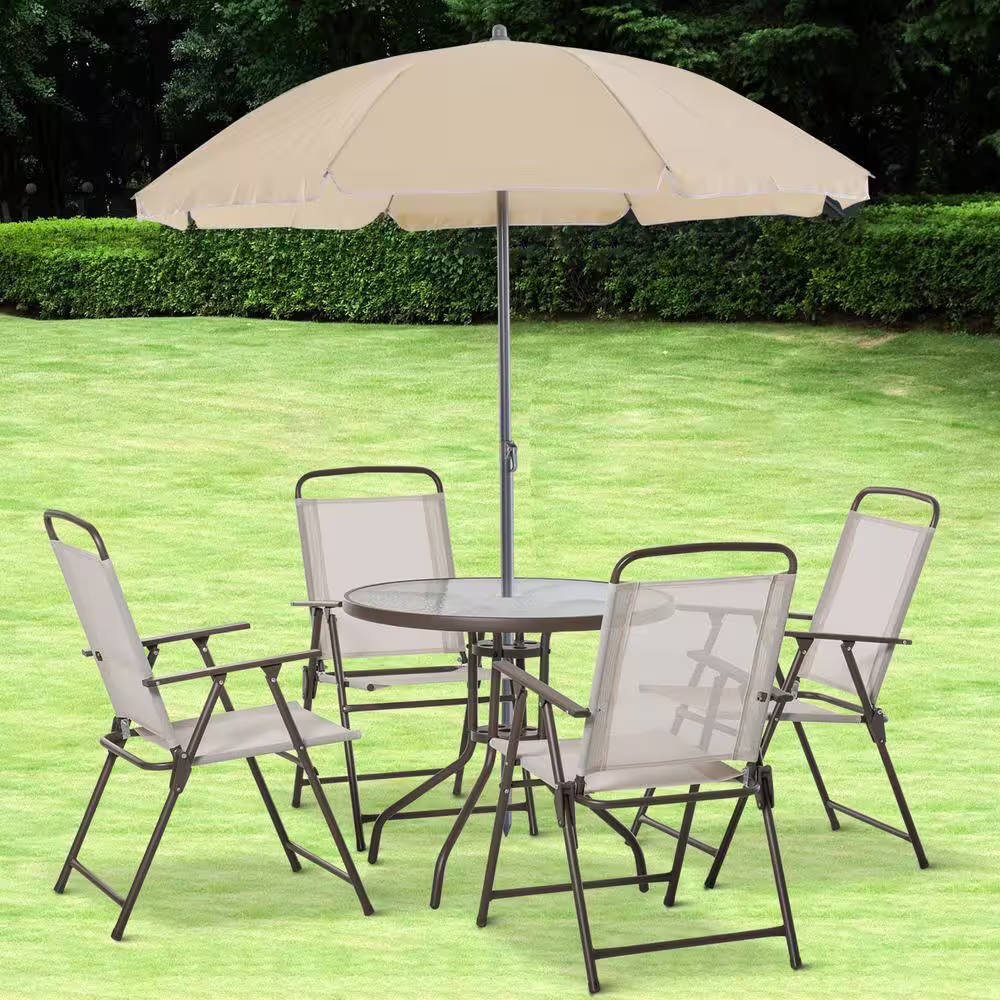 Outsunny 6-Piece Metal Round Outdoor Dining Furniture Set and Umbrella with 4-Folding Dining Chairs and Glass-Top Dinner Table