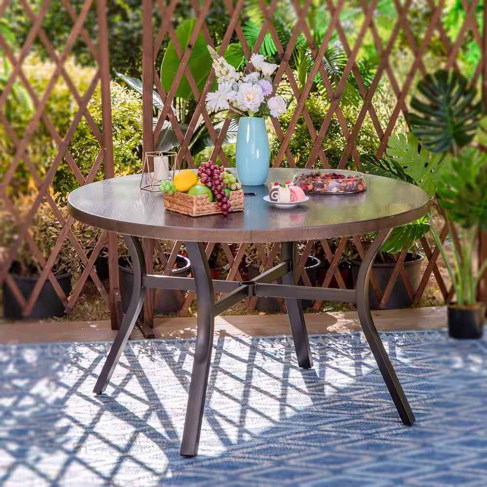 None Black 5-Piece Metal Outdoor Patio Dining Set with Wood-Look Round Table and Diamond Swivel Chairs with Beige Cushions