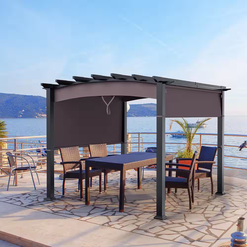 Costway 10 ft. x 10 ft. Brown Steel Patio Pergola Gazebo Sun Shade Shelter with Retractable Canopy