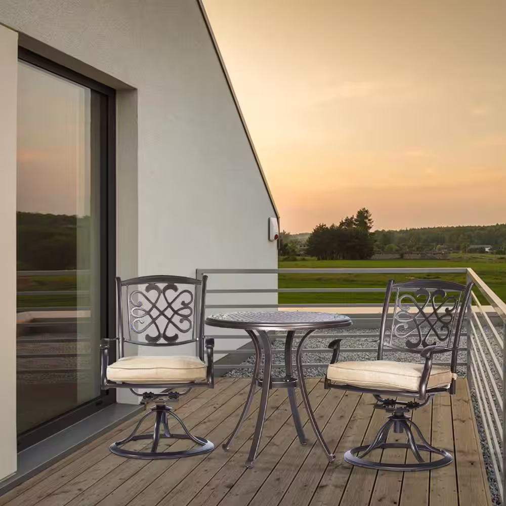 None Black Gold 3-Piece Cast Aluminum Round Outdoor Bistro Set with Glider Chairs Cushion