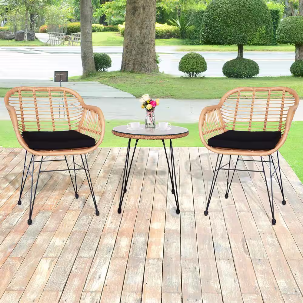 None 3-Piece Wicker Outdoor Bistro Set with Black Glass Table and Chair Seat Cushion