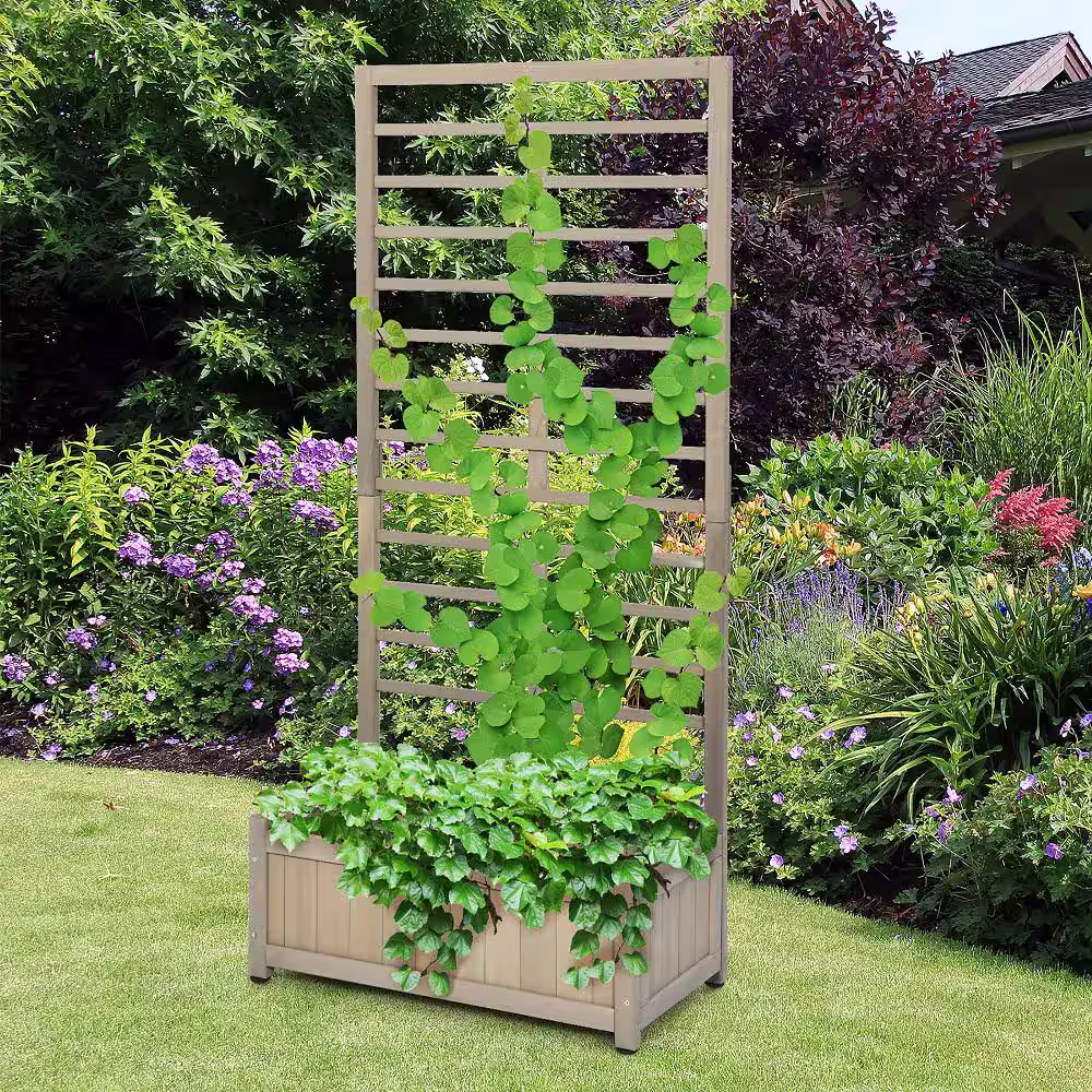 Costway 68 in. Grey Wood Planter Box with Trellis Raised Garden Bed for Climbing Plants