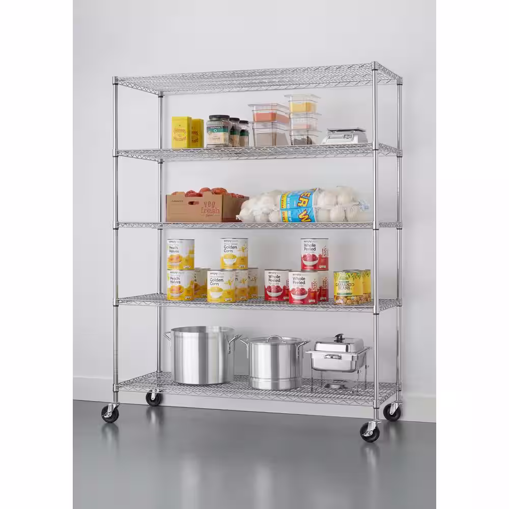 TRINITY 20-Pack Chrome 5-Tier Rolling Heavy Duty Steel Wire Shelving Unit (60 in. W x 77 in. H x 24 in. D)