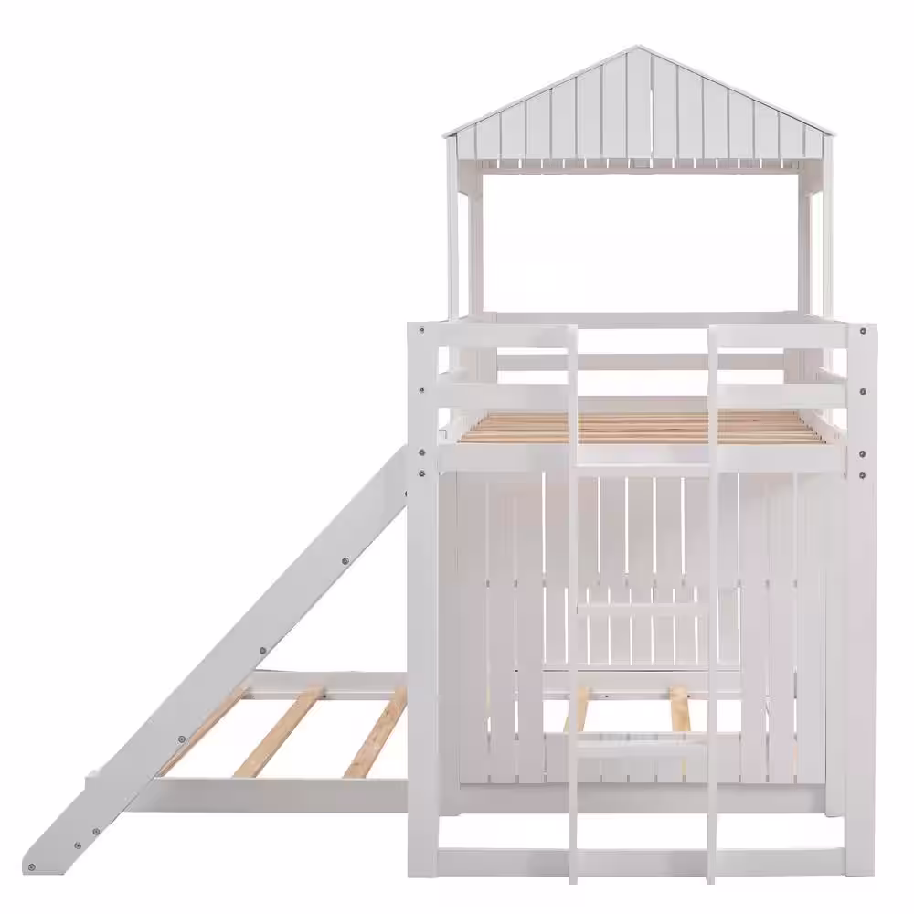 Harper & Bright Designs White Wood Frame Twin over Full House Bunk Bed with Slide, Roof and Windows Design