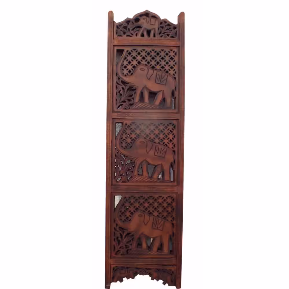 Benzara Hand Carved Elephant Design Foldable 4-Panel Brown Wooden Room Divider
