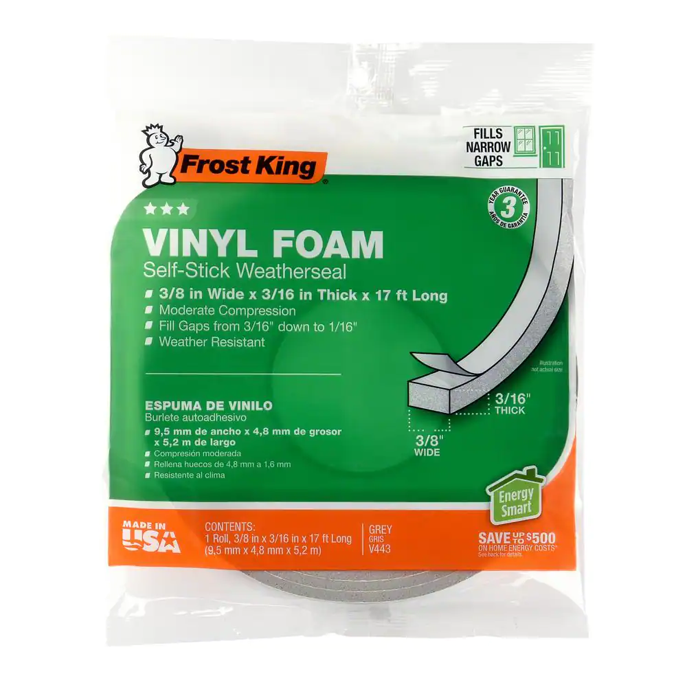Frost King 3/8 in. x 3/16 in. x 17 ft. Grey Vinyl Foam Weatherseal Tape