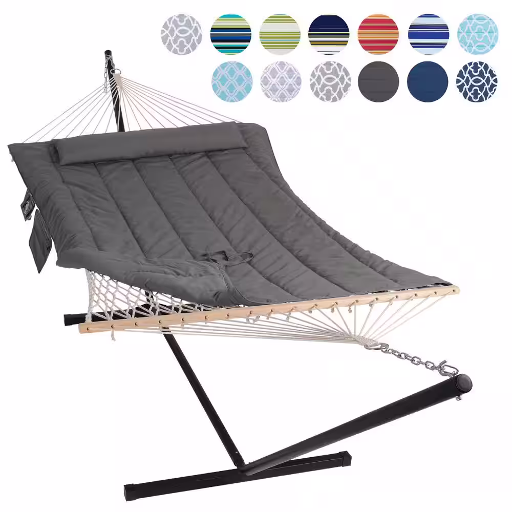 Atesun 10 ft. x 12 ft. Quilted Rope Hammock and 12 ft. Steel Stand with Detachable Pillow, Dark Gray