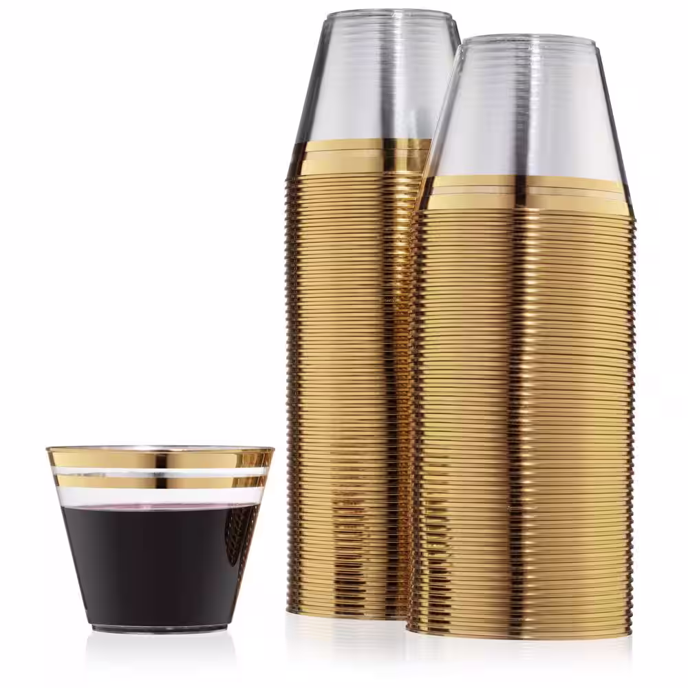 None 9 oz. 2-Line Gold Rim Clear Disposable Plastic Cups, Party, Cold Drinks, [110/Pack, 15-Packs/Carton]