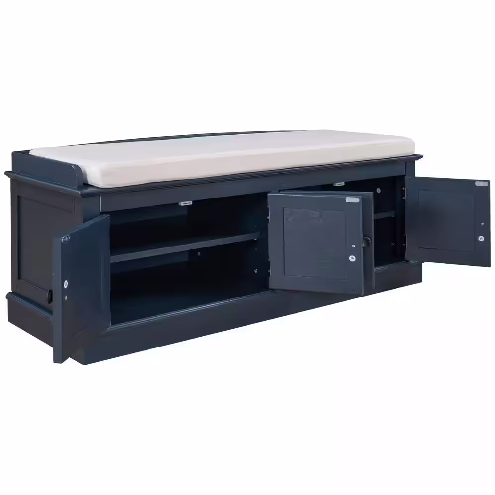 Qualler Antique Navy Storage Bench with 4-Doors and Adjustable Shelves 17 in. H x 43 in. W x 16 in. D