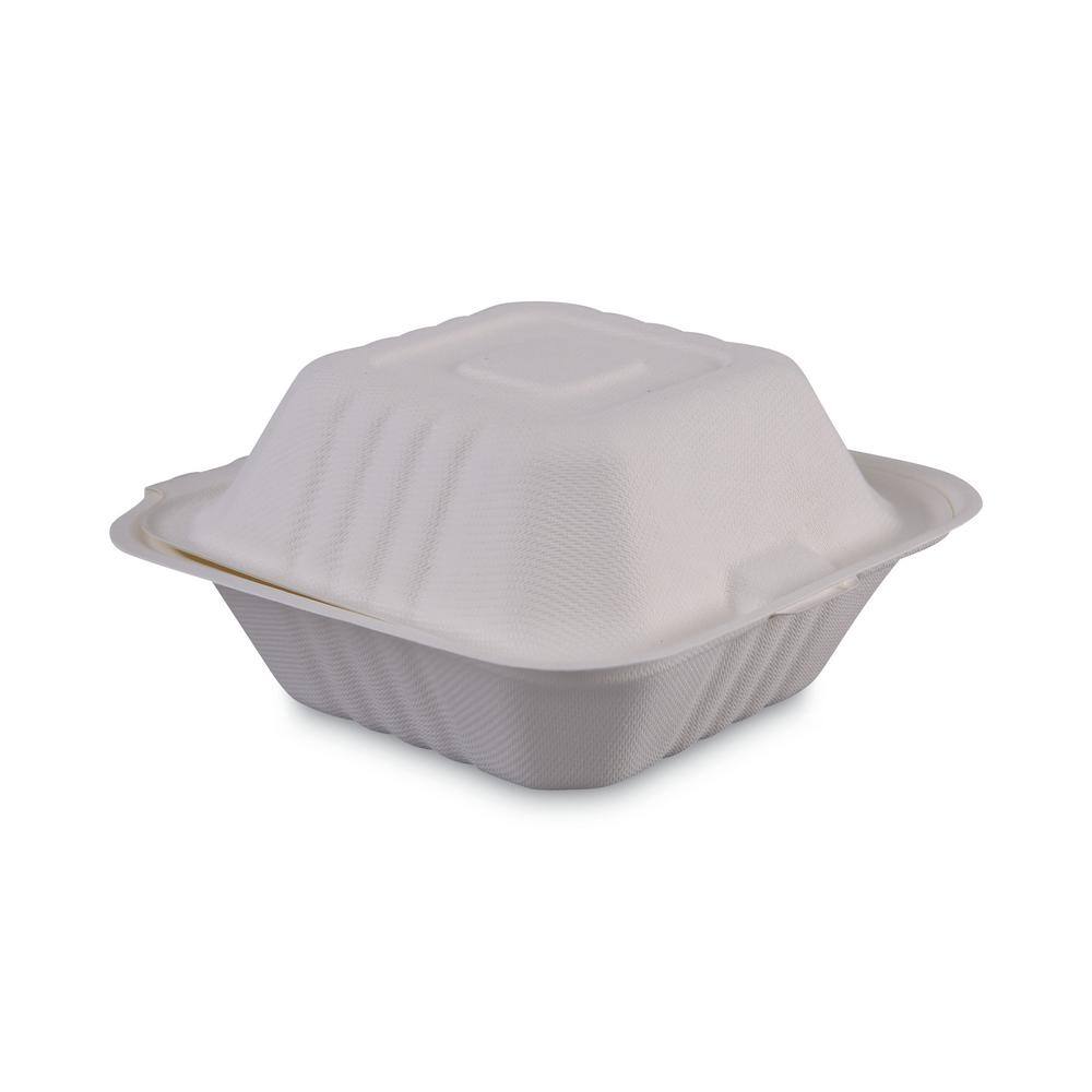 Boardwalk 6 in. x 6 in. x 3.19 in. White Bagasse Food Containers, Hinged-Lid, 1-Compartment 125-Sleeve, 4-Sleeves/Carton