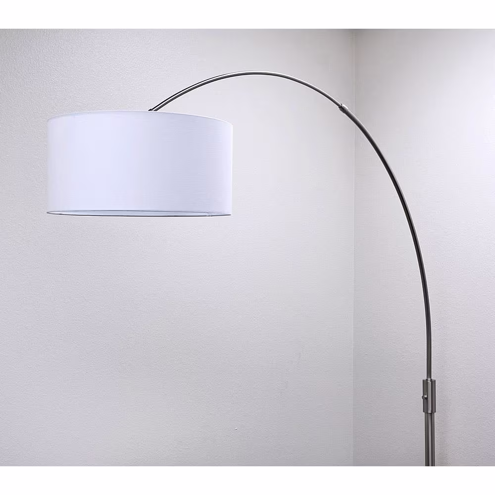 HomeGlam Orbita 82 in. Brushed Nickel Finish Dimmable Retractable Arch Floor Lamp, Bulb Included with Drum White Shade