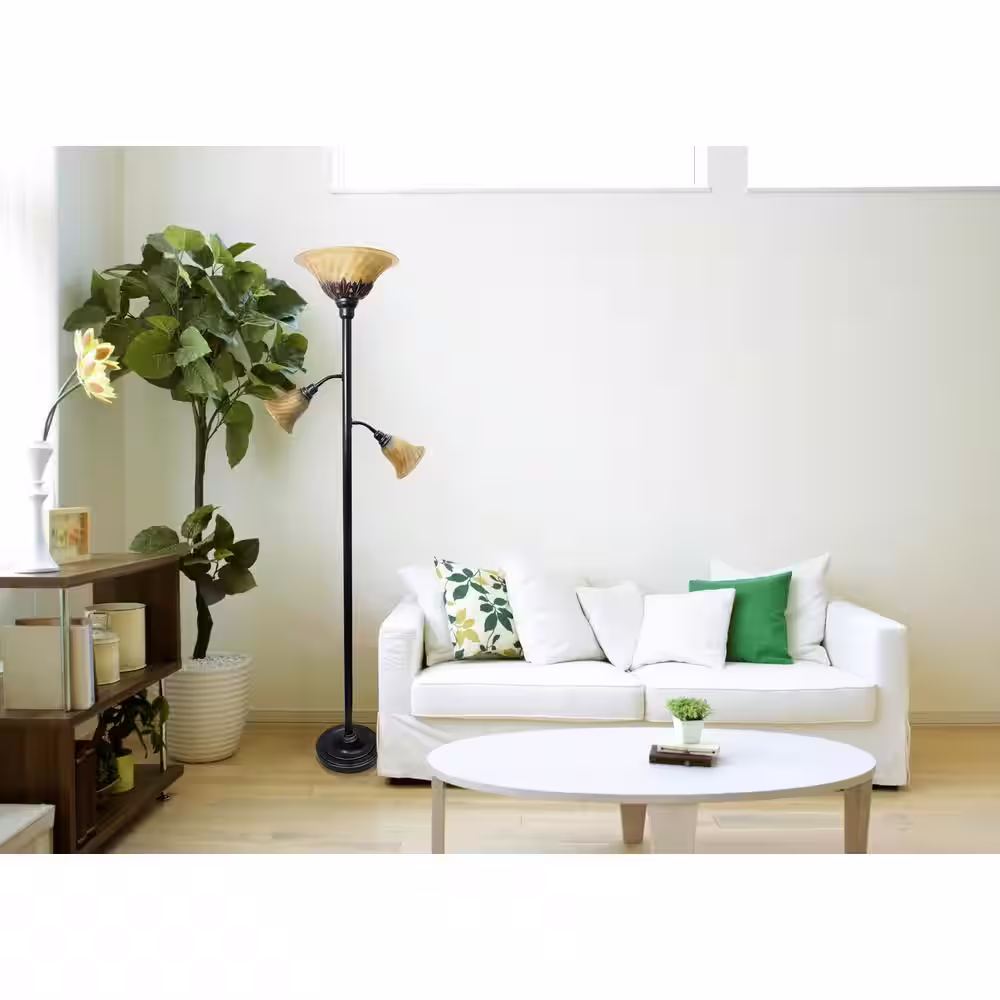 Elegant Designs 71 in. 3 Light Restoration Bronze Floor Lamp with Scalloped Glass Shades