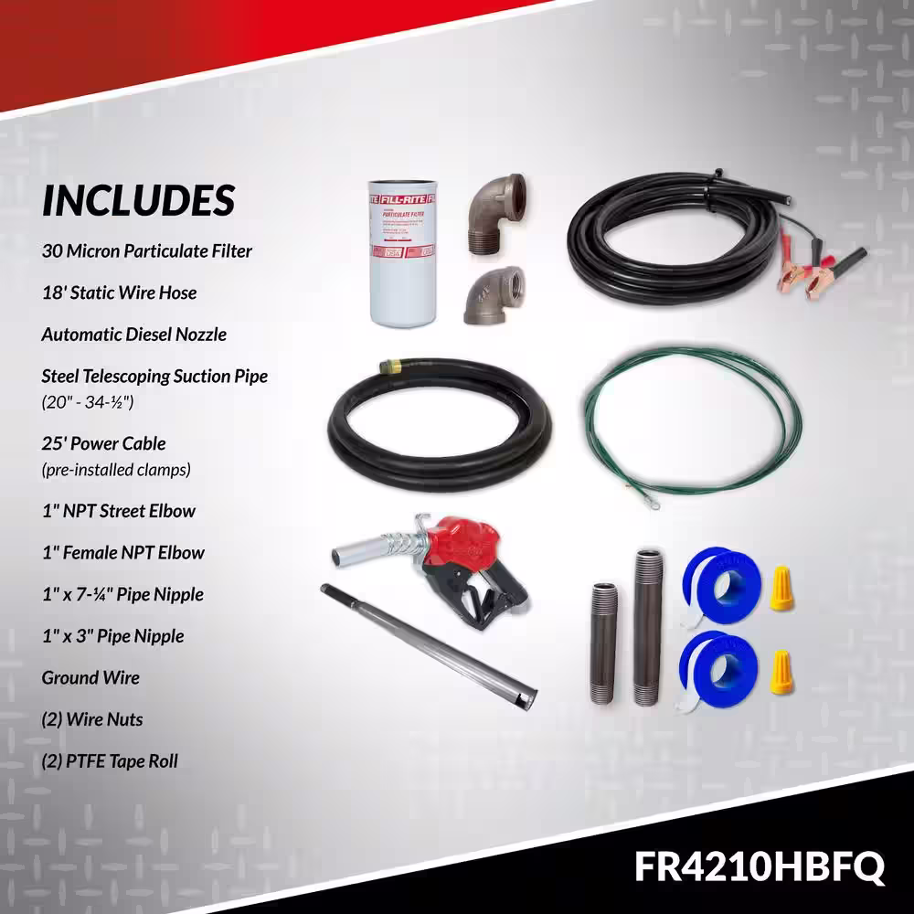 FILL-RITE 12V 20 GPM 1/4 HP Fuel Transfer Utility Pump w/ Unleaded Auto Nozzle, Discharge Hose, Particulate Filter, Suction Pipe)