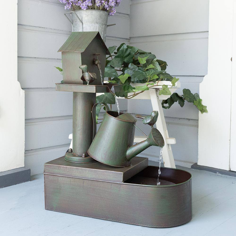 Alpine Corporation 24 in. Tall Indoor/Outdoor Birdhouse and Watering Can Floor Water Fountain