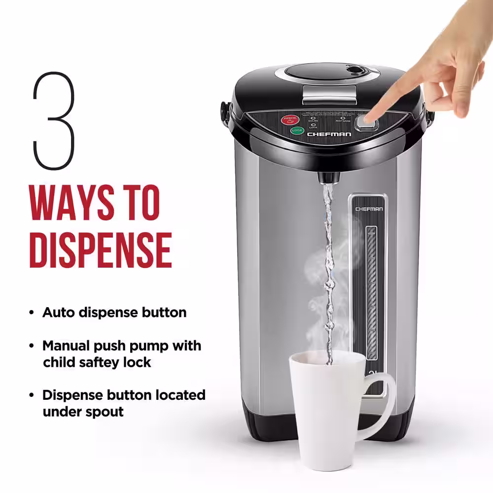 Chefman 22.4-Cup Stainless Steel Corded Electric Hot Water Pot Urn With Auto and Manual Dispense Buttons With Safety Lock