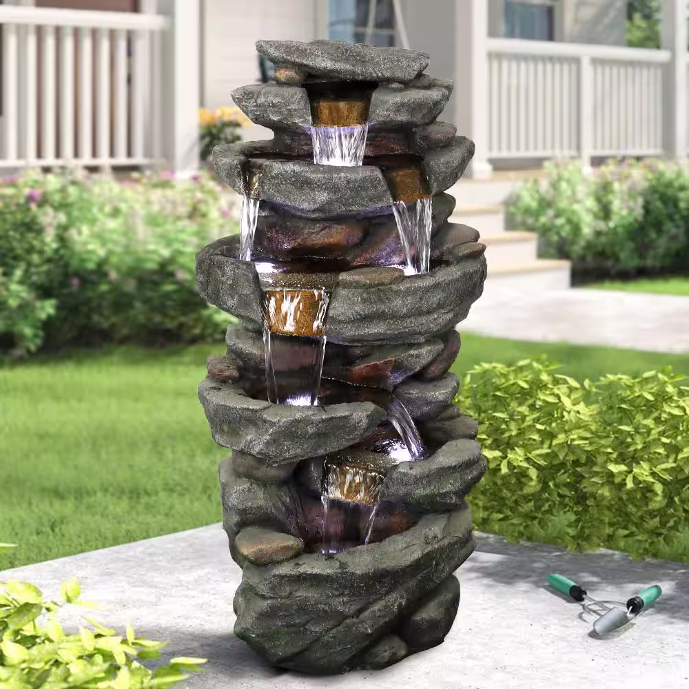 Watnature 40.6 in. Resin Fiber Outdoor Relaxing Water Fountain, 6-Tier Stone-Liking Waterfall Fountain with LED Lights for Garden