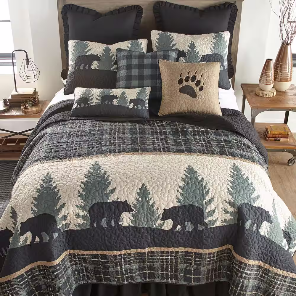DONNA SHARP Bear Walk Plaid Beige, Black, Green Polyester 11 in. x 22 in. Rectangular Throw Pillow