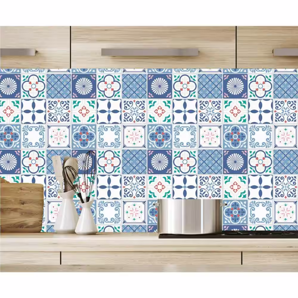 Art3d EVA Talavera Mexican Blue 12 in. x 12 in. Vinyl Peel and Stick Tile Thicker Design (9.5 sq. ft./Box)