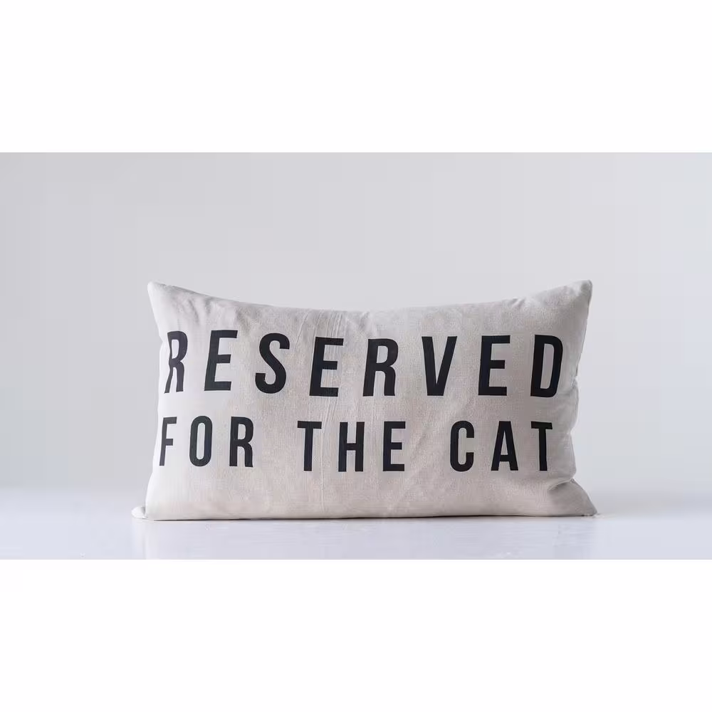Storied Home White and Black in. Reserved for the Cat in. Cotton 24 in. x 14 in. Lumbar Throw Pillow