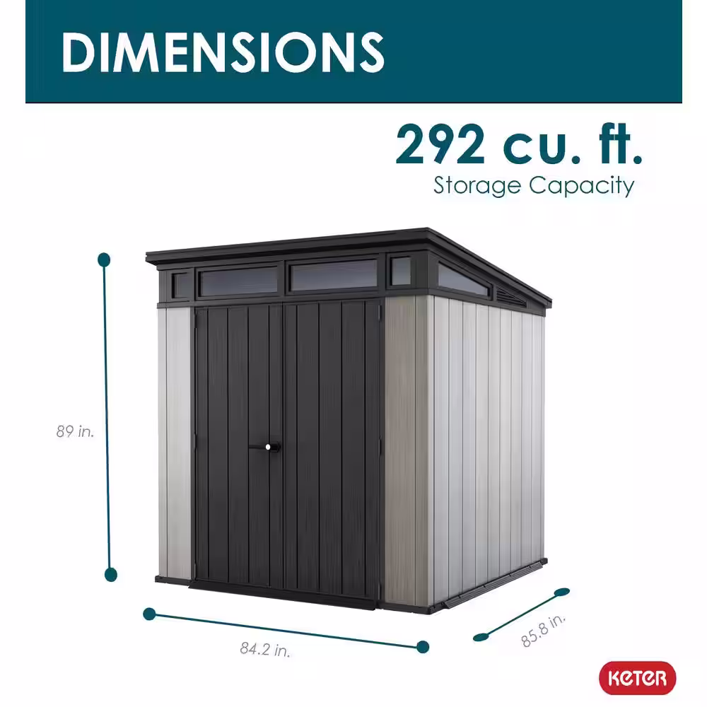 Keter Artisan 7 ft. W x 7 ft. D Large Modern Durable Resin Plastic Storage Shed with Double Doors, Grey (50.2 sq. ft.)