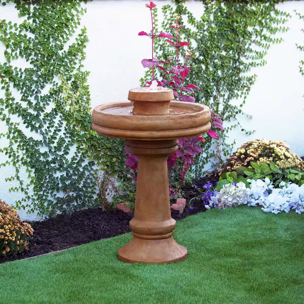 Alpine Corporation 29 in. Tall Outdoor 2-Tier Traditional Birdbath Water Fountain with LED Lights
