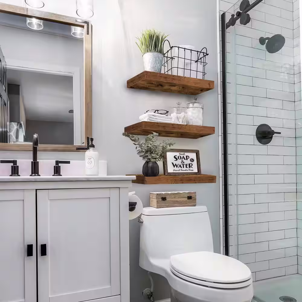 None 15.7 in. W x 6.7 in. D Brown Floating Decorative Wall Shelf Bathroom Shelf Kitchen Farmhouse Small Book Shelf, Set of 3
