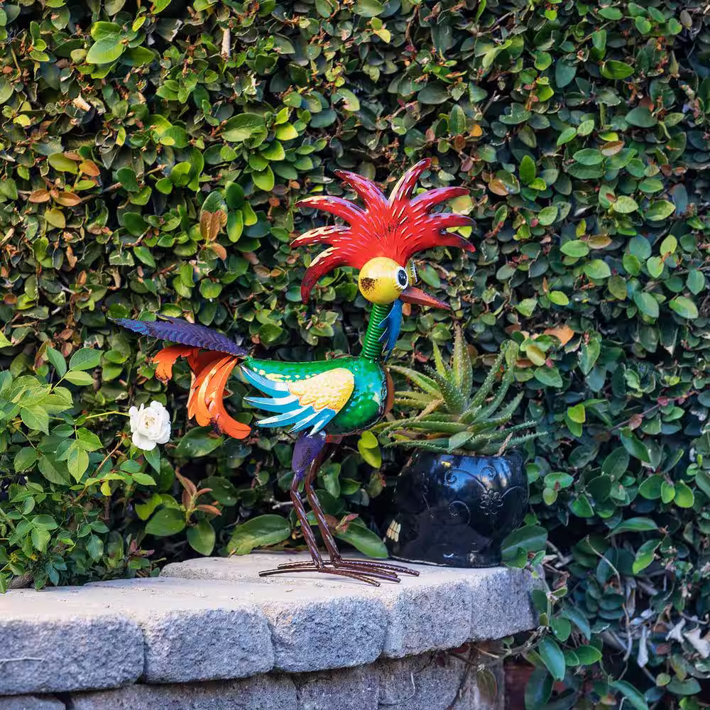 Alpine Corporation 18 in. Tall Indoor/Outdoor Wacky Metal Rooster Yard Statue Decoration