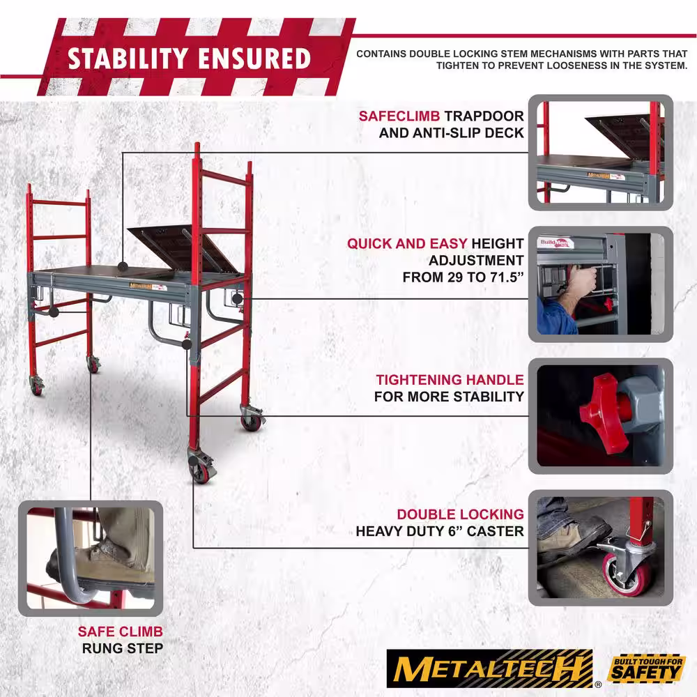 MetalTech Buildman Baker Style Scaffold 6.3 ft. x 6.3 ft. x 2.6 ft. Rolling Mobile Work Platform with Wheels, 1500 lbs. Capacity