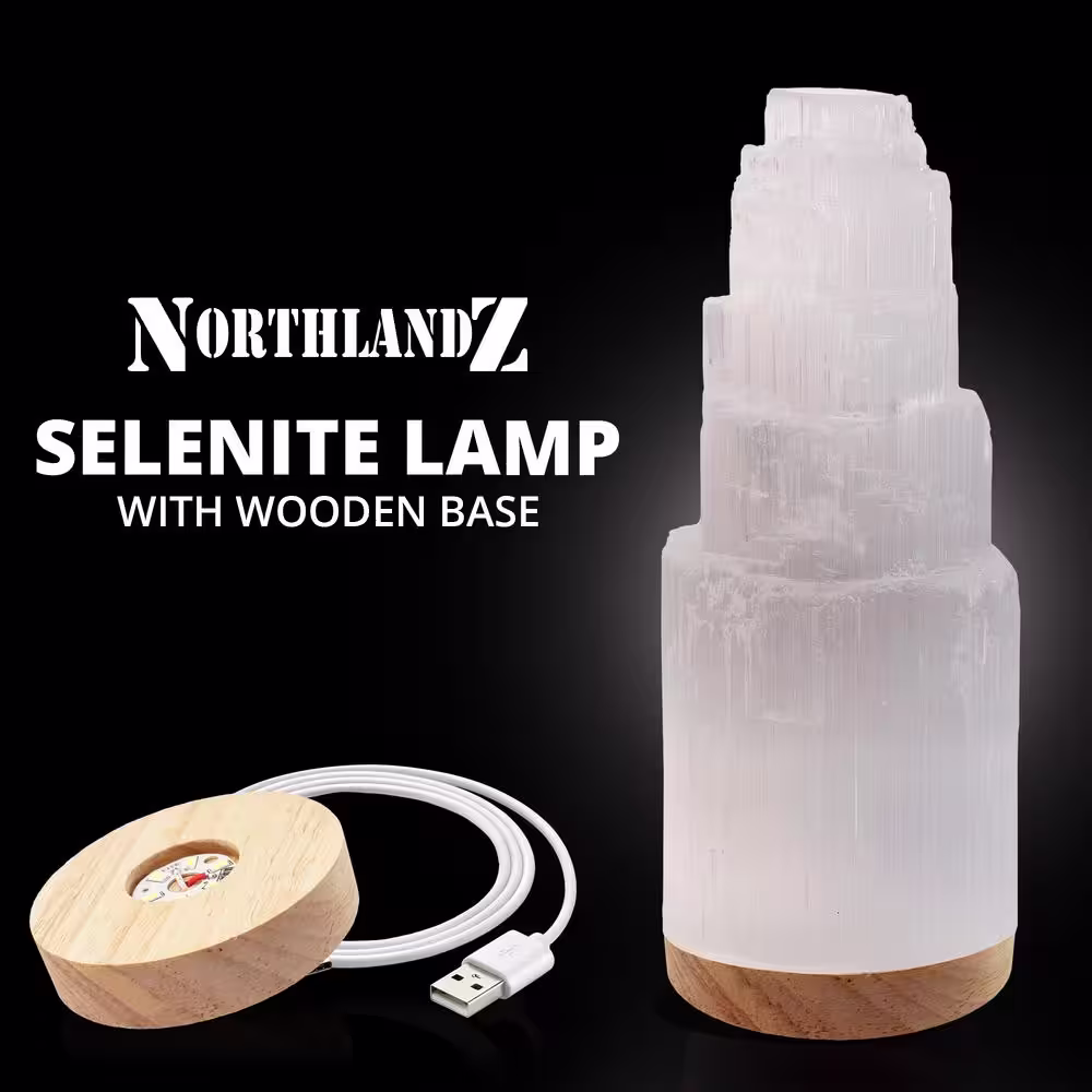 None Selenite Crystal Lamp 20 cm, LED Night Light Hand Curved Wooden Base w/Light Moroccan Lamp and USB Cable, (Pack of 1)